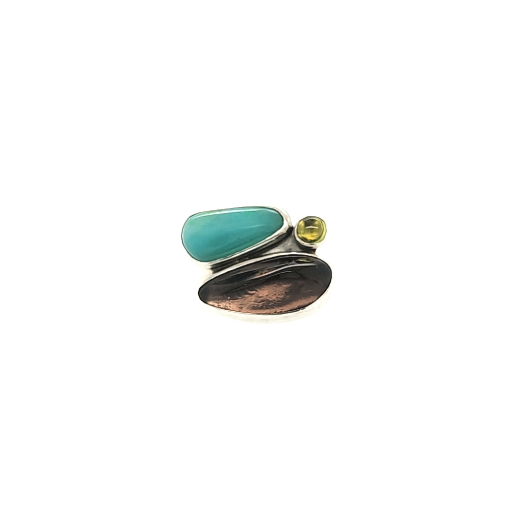 Smithsonite, Apache Tear and Peridot Ring
