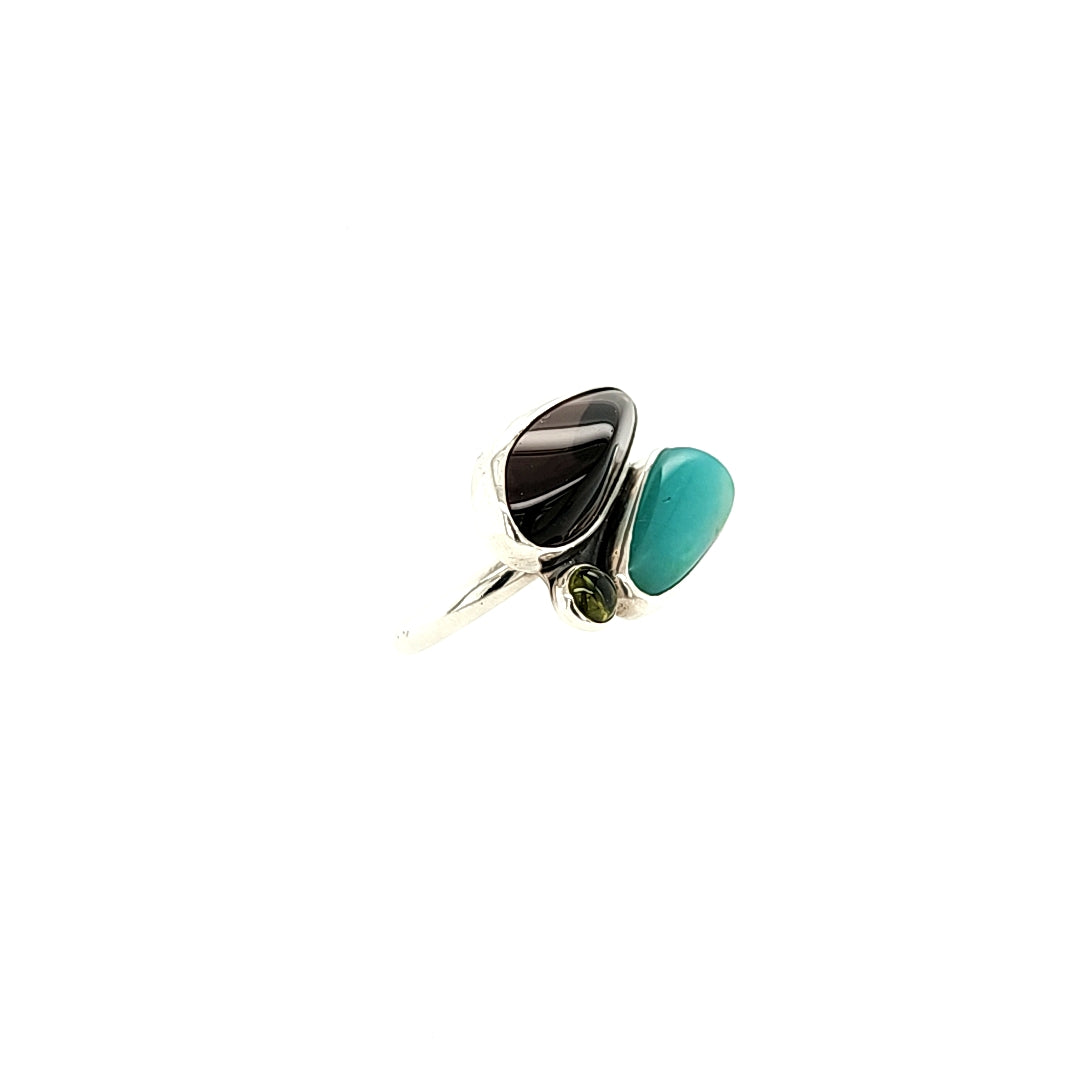 Smithsonite, Apache Tear and Peridot Ring