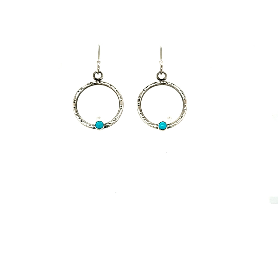 Small silver textured hoops with Turquoise