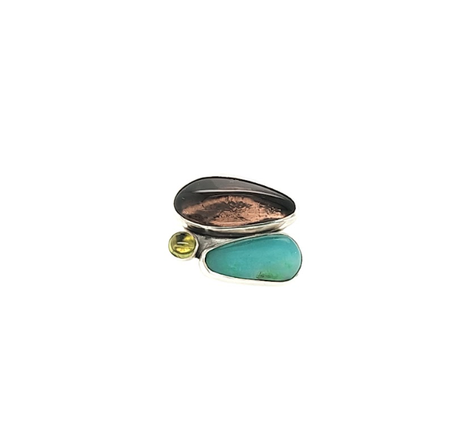 Smithsonite, Apache Tear and Peridot Ring