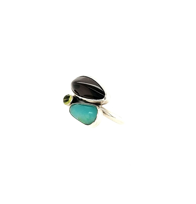 Smithsonite, Apache Tear and Peridot Ring