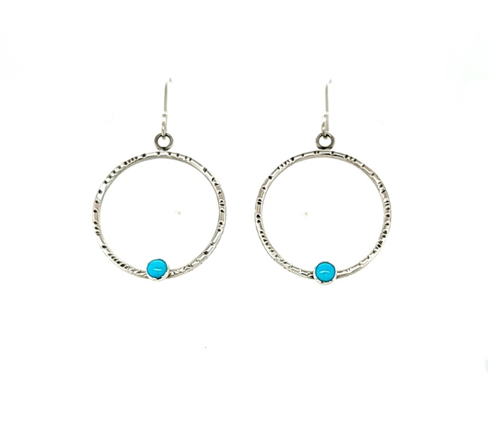 Medium silver textured hoops with Turquoise