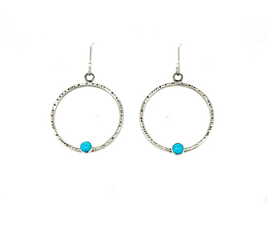 Medium silver textured hoops with Turquoise