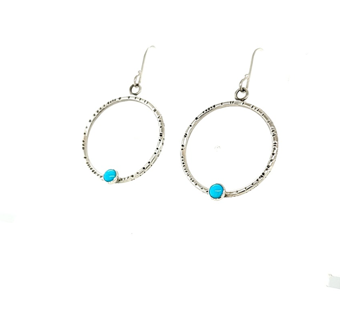 Medium silver textured hoops with Turquoise