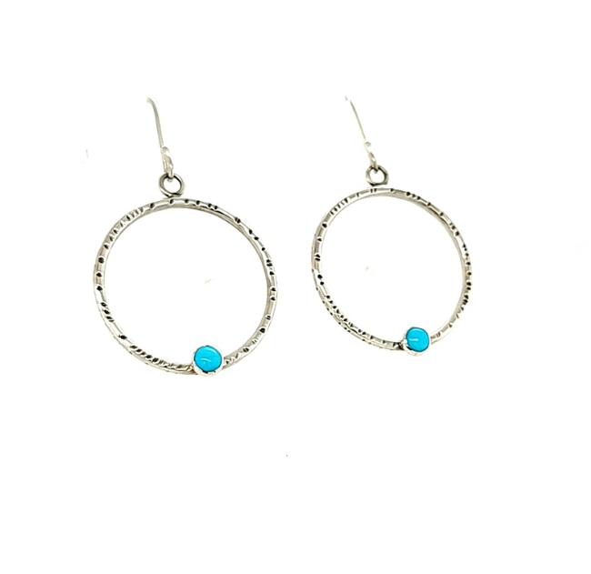Medium silver textured hoops with Turquoise