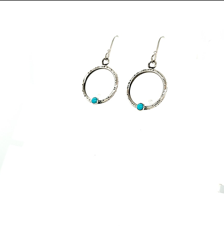 Small silver textured hoops with Turquoise