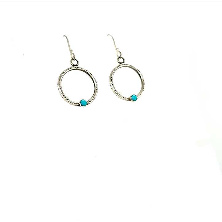 Small silver textured hoops with Turquoise