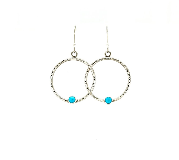 Medium silver textured hoops with Turquoise